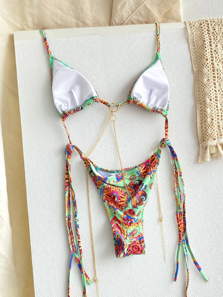 Sexy Triangle chaînes Bikini ensembles Micro tongs maillot de bain femmes maillot de bain Biquini pansements de plage maillot de bain imprimé string Bikini