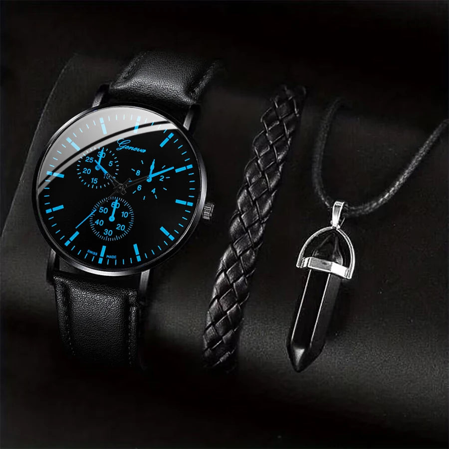 Juego de 3 unidades/set de relojes de negocios para hombre, pulsera de cuero informal, reloj de cuarzo analógico para hombre, collar y pulsera