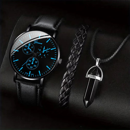 Ensemble Montre Bracelet Collier Homme 3 Pièces — Cuir Décontracté Quartz