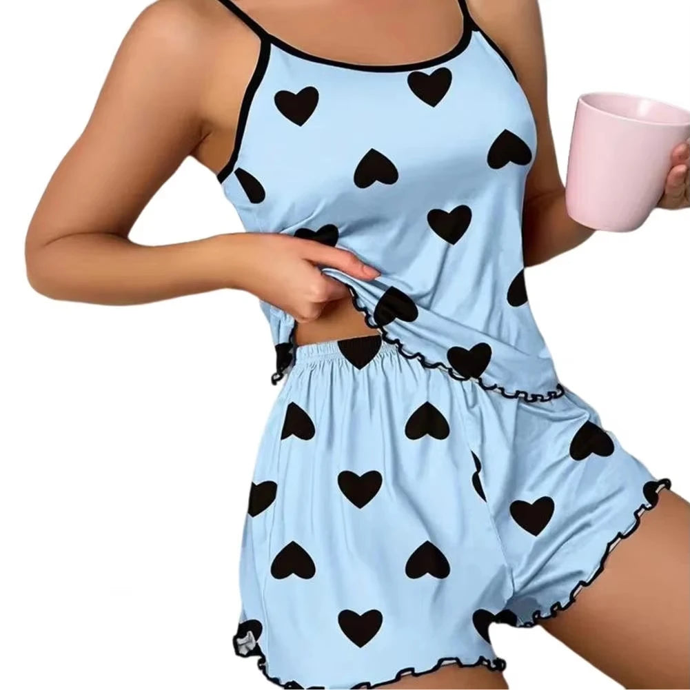 Women's Pajama Set, T-Shirts and Shorts, Pink Heart Print T-Shirt, Round Neck, Ice Silk Top, Comfortable and Casual, Summer