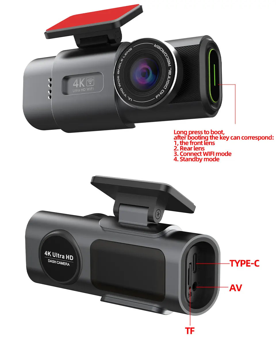 4K UHD Car Dash Cam, Night Vision DVR Video Recorder, Built-in Wi-Fi, 24H Parking GPS Support