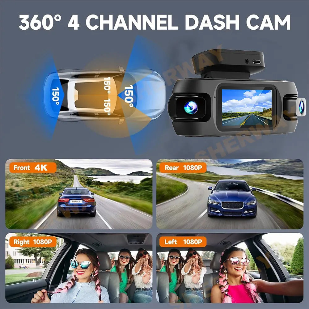 Dashcam 4K 4 Canaux 360° — WiFi GPS Vision Nocturne Avant Arrière Gauche Droite