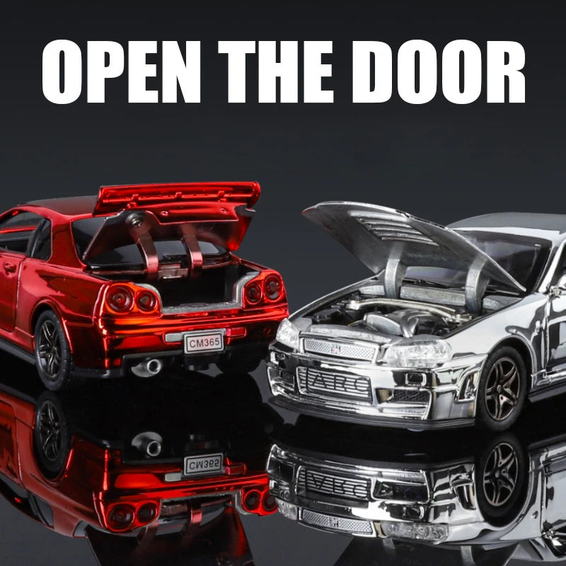 Nissan Skyline GTR-R34 - 1:32 Diecast Galvanized Sport Car Model with Sound and Light, Toy Vehicle Gift for Boys, Miniature Car