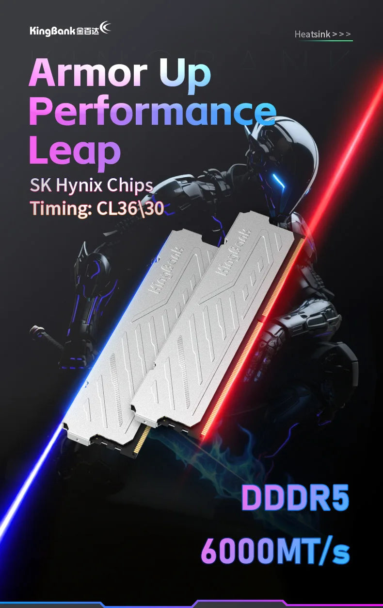 Mémoire RAM DDR5 KingBank 8 Go / 8 Go x 2 / 16 Go x 2 6000 MHz pour ordinateur de bureau CL36/CL30 XMP 3.0/AMD EXPO avec dissipateur thermique argenté