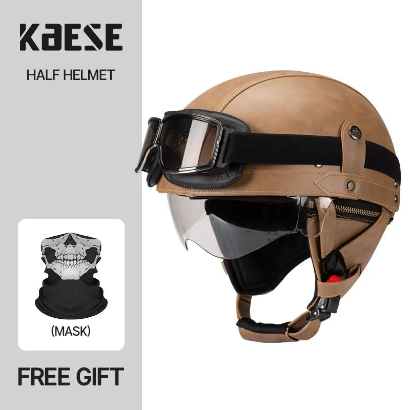 Casque Moto Demi-Visage Vintage DOT — Homme Femme Scooter Été Noir Marron
