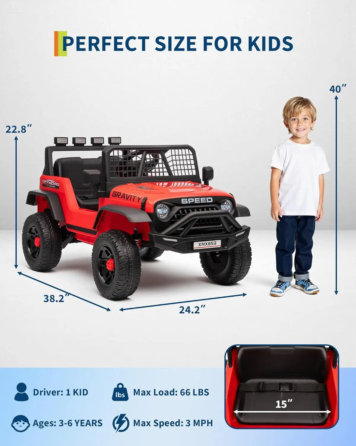 Coche camión para niños de 12V con control remoto parental, 3 velocidades, freno de emergencia, luces LED, música y bocina, vehículos eléctricos para niños