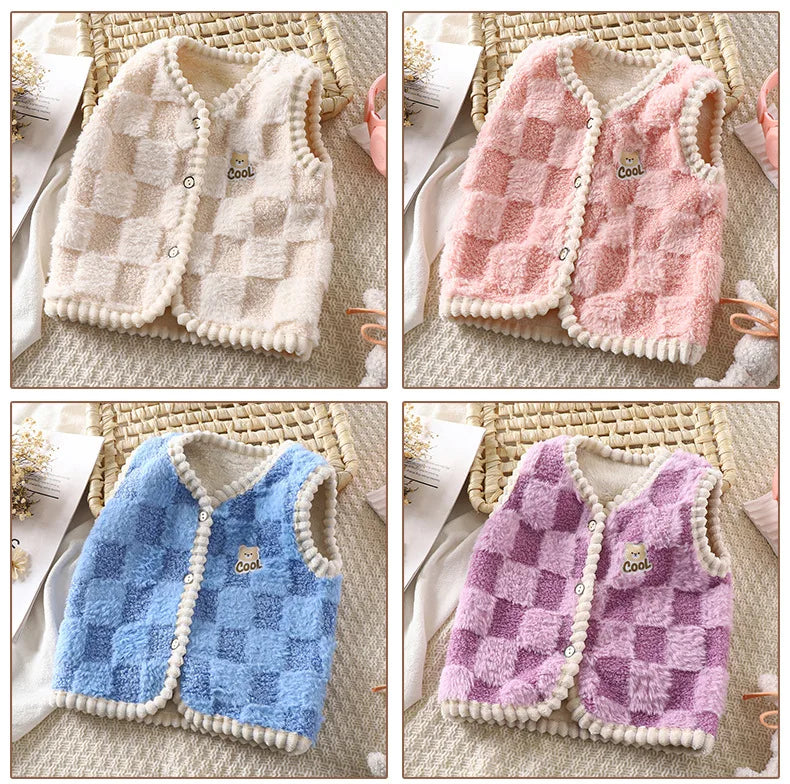 Manteau polaire pour enfants, Gilet chaud Double épaisseur, motif à carreaux, pour garçons et filles, vêtements d'extérieur sans manches, automne et hiver