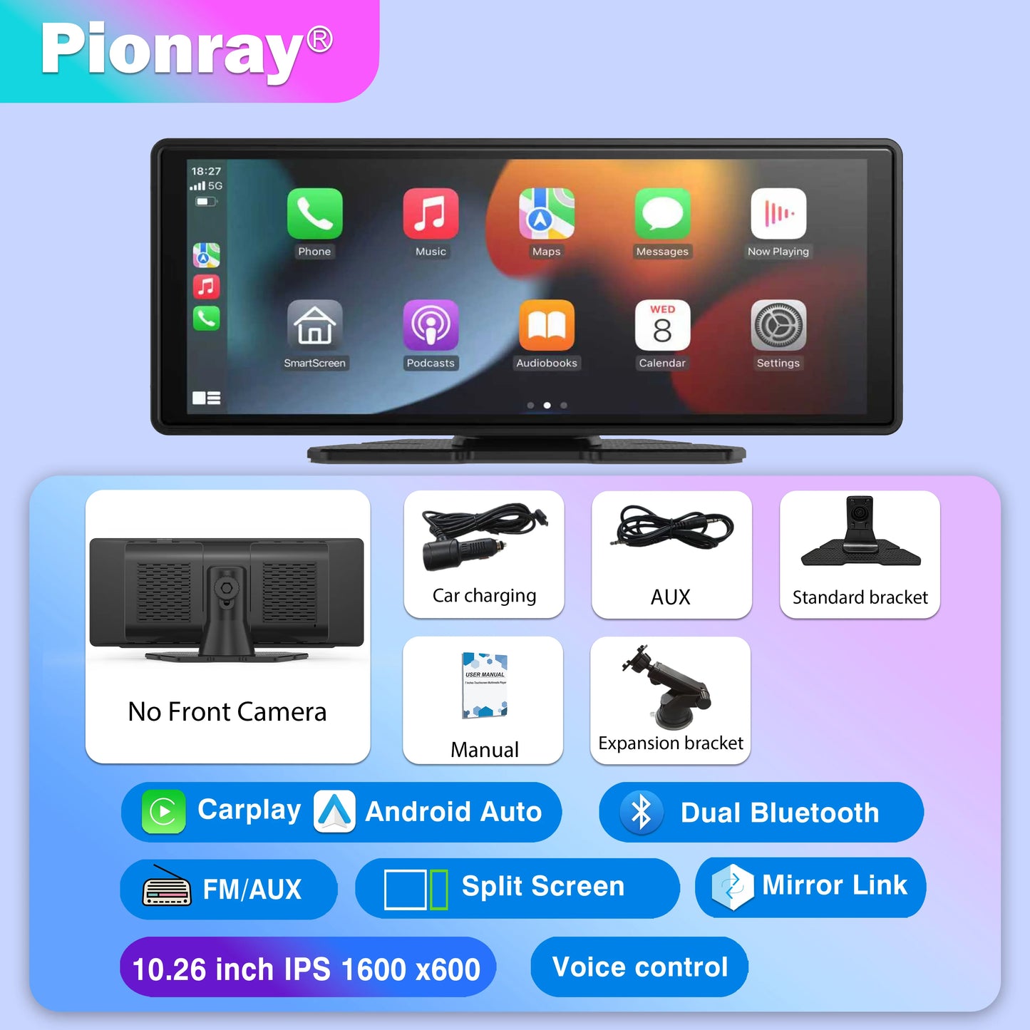 Pantalla Carplay para coche, Carplay inalámbrico portátil de 10" y Android Auto, receptores de audio estéreo para coche con enlace espejo y navegación GPS