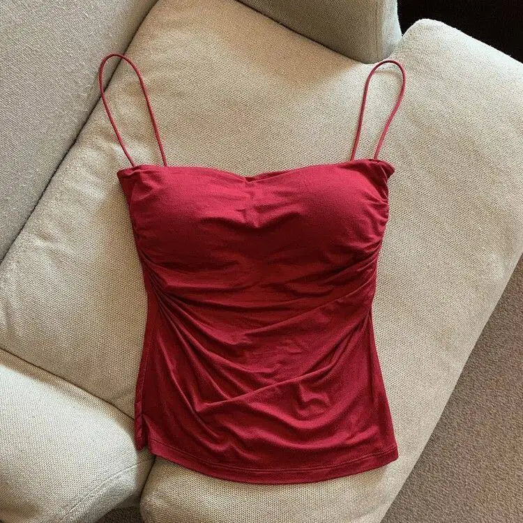 Débardeur plissé sans manches pour femme, coupe ajustée, style sexy, court, avec fines bretelles, couleur unie, simple et tendance