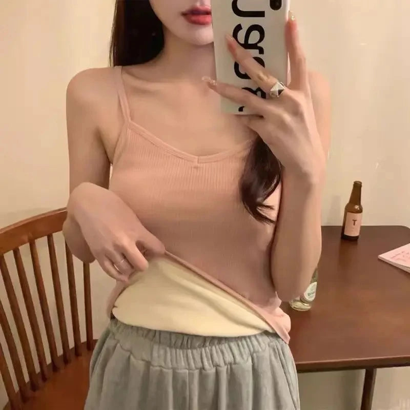 Women's Sleeveless T-shirt, Warm Winter Underwear, Solid Color, Thermal, Casual, Sleepwear, Sexy, Elasticity, Thin Velvet for Women