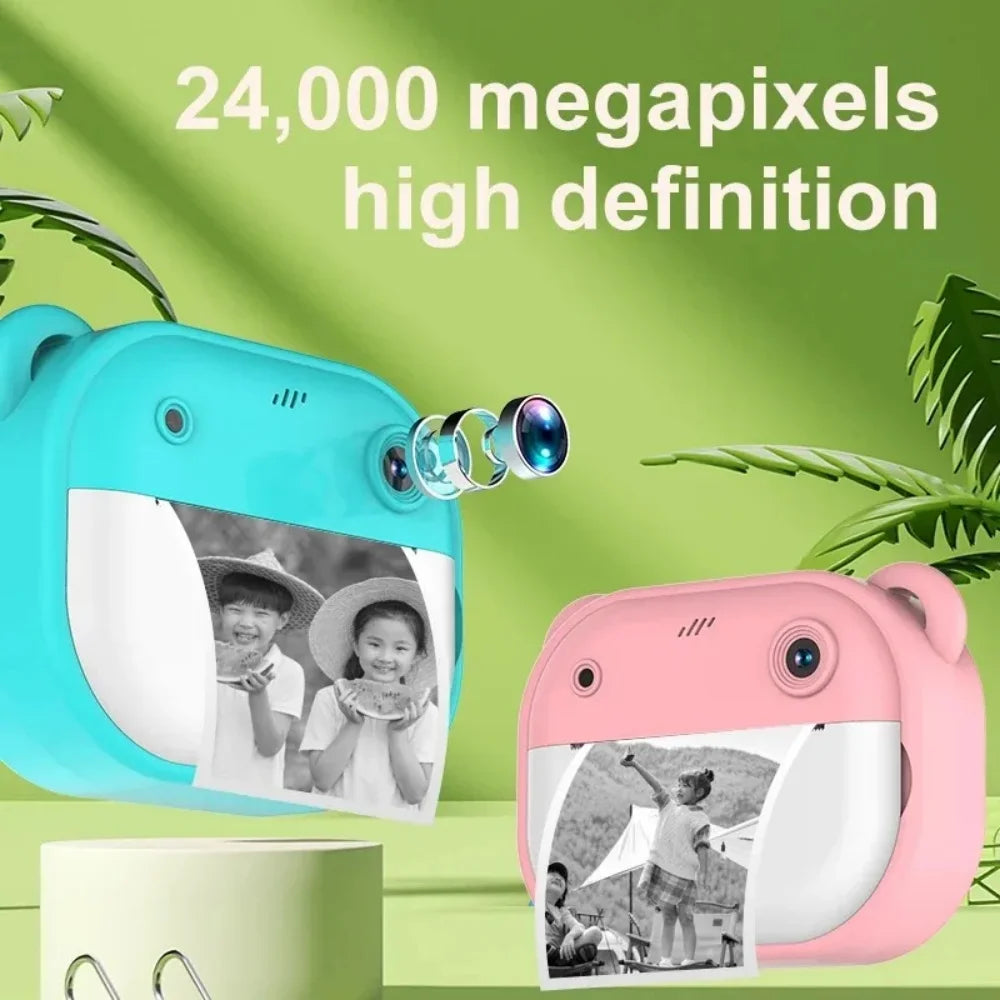Instant camera for children, mini digital video camera for children, 1080P screen, thermal paper printing + 32G memory card