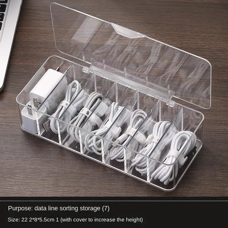 Clear Plastic Data Cable Storage Box, Household Cable, Mobile Phone Charger, Charging Cable Finishing Box, Divided Grid Box
