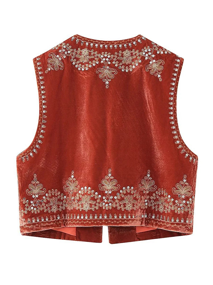 Gilet brodé noir Vintage à motif Floral pour femmes, sans manches, ouvert sur le devant, court polyvalent, vêtements d'extérieur y2k, Cardigan Boho court