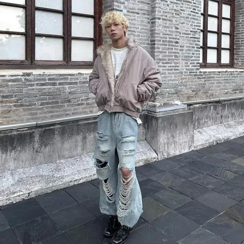 Chaqueta de moto de cuero americano Harajuku para hombres y mujeres, chaqueta de felpa sencilla retro con cuello de piel, punk, cálida, nueva, adt