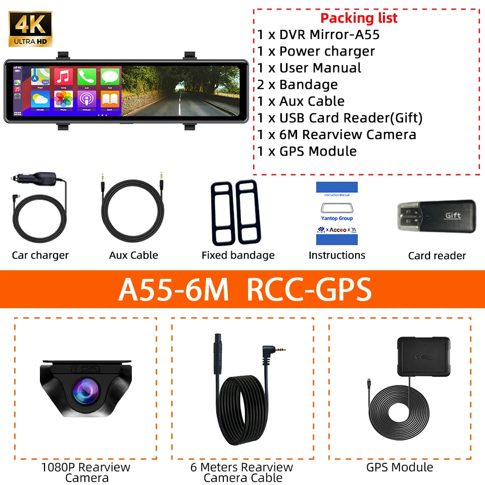 Dashcam Rétroviseur 4K — Carplay Sans Fil Android Enregistrement 24H Stationnement