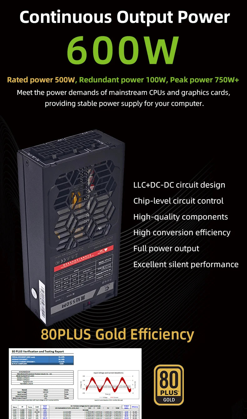 METALFISH Flex 500/600W 80PLUS or alimentation modulaire complète Flex-ATX 1U PSU pour ITX Mini PC POS NAS GPU Dock 90 ~ 264V