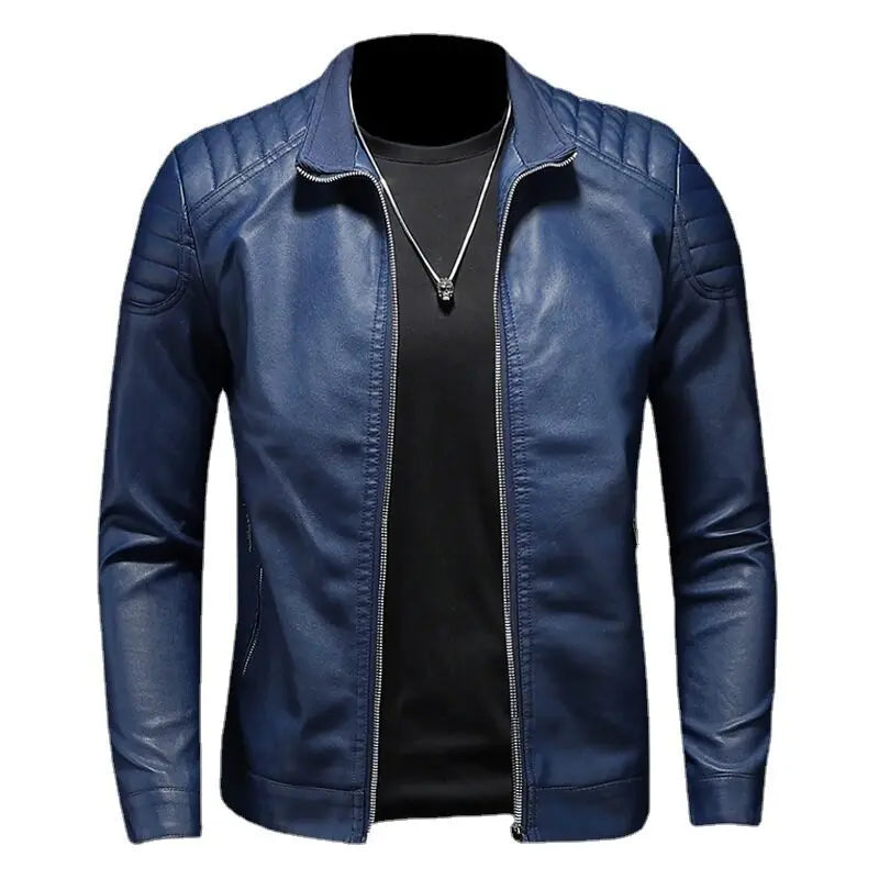 Veste de moto en cuir PU pour homme, col montant, coupe-vent décontracté, vêtements ChimMens, noir, bleu, hiver, 2024