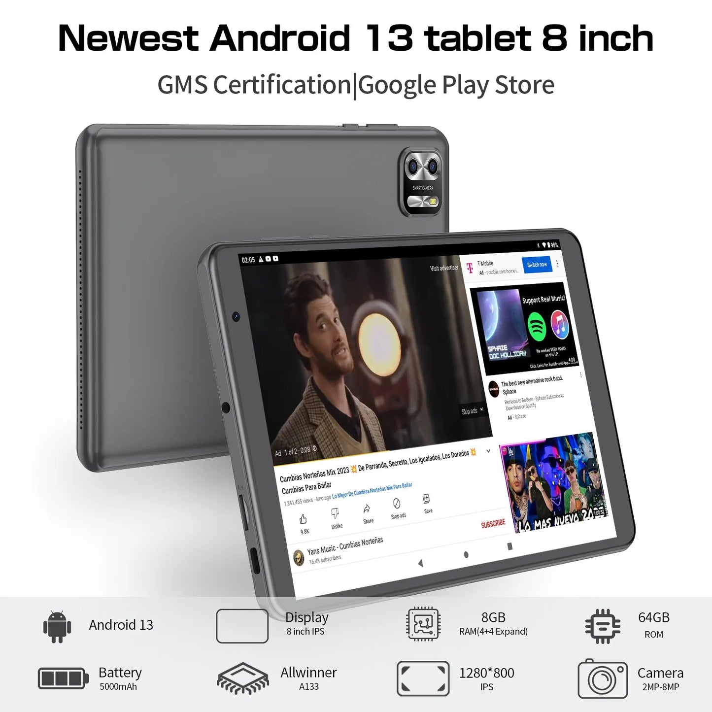 PRITOM – tablet Android 8 pulgadas 14, 8 GB (4 + 4 ampliados) RAM 64 GB ROM, expansión 1 TB, pantalla IPS 1280x800, batería 5000 MAH, doble cámara, WiFi