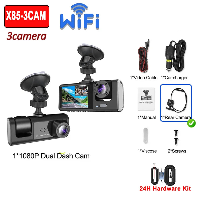 1080P WiFi Coche DVR 2/3 Cámaras DashCam para Coches Cámara de Vehículo Grabador de Vídeo Delantero Opcional Cámara Trasera Visión Nocturna Dashcam