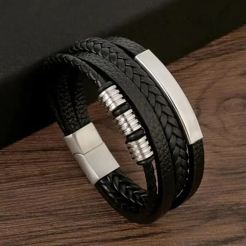 Bracelet multicouches en cuir PU pour hommes, fermeture Magnut, cuir ondulé, couleur or, Tube métallique, breloque, bijoux hip hop à la mode