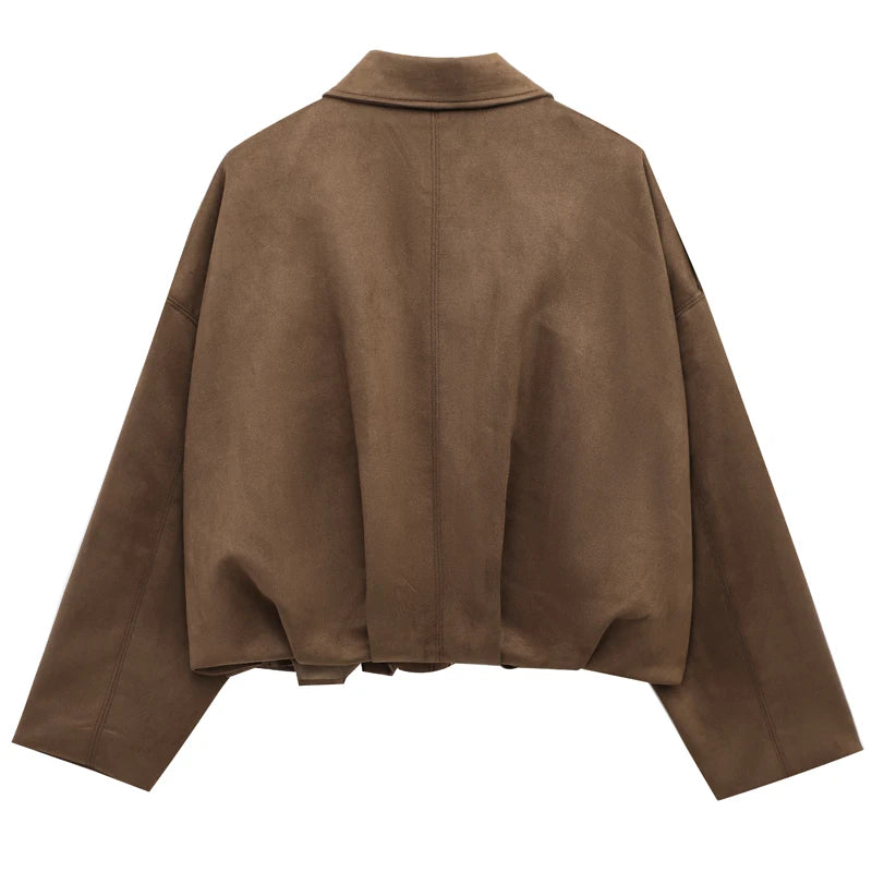 Veste bomber femme en daim — revers, fermeture éclair, manches longues, recadrée, 2025
