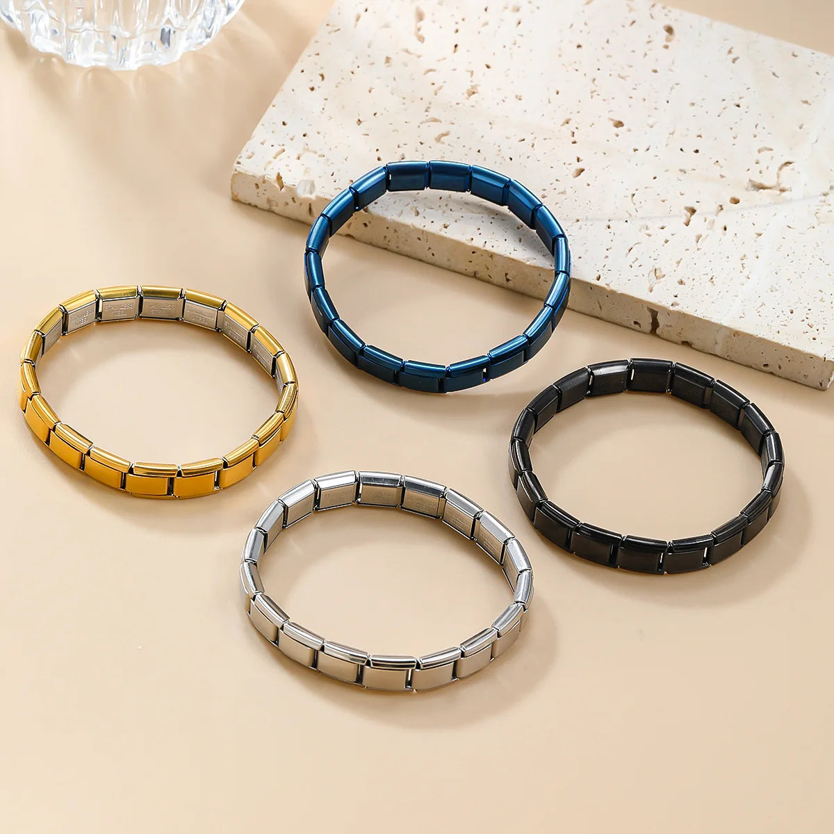 Stainless Steel Square Bracelets for Women and Men, Italian HipHop Metal Stretch Modules, Gift, Birthday Party Jewelry, Trendy