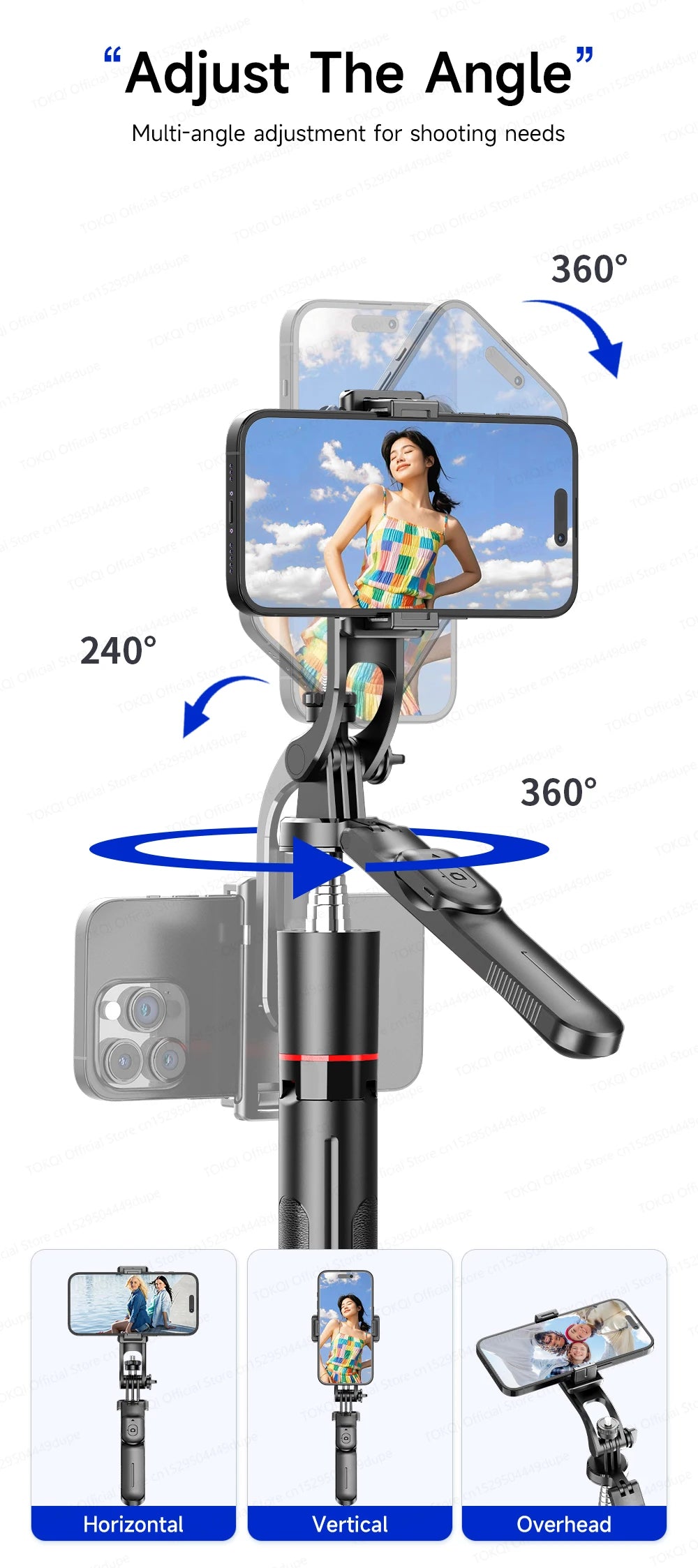 TOKQI — Bâton Selfie Extensible 360° Télécommande Bluetooth & Lumière Optionnelle