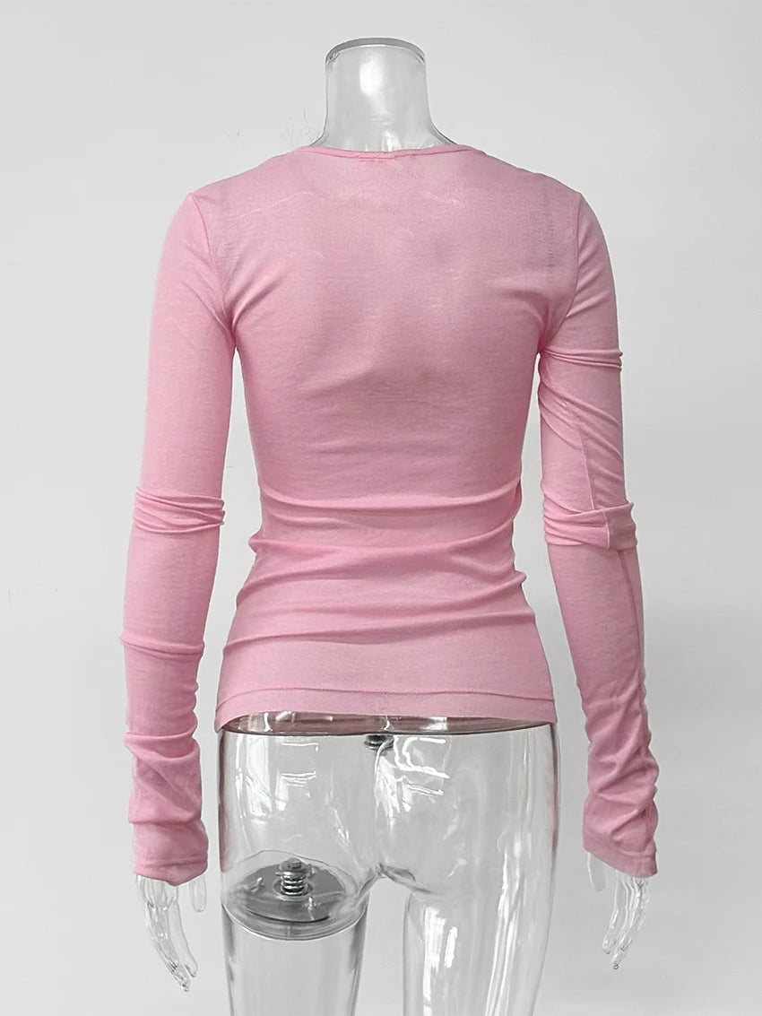 T-shirt femme mince marron 2026 — décontracté, col rond, manches longues, élégant, simple