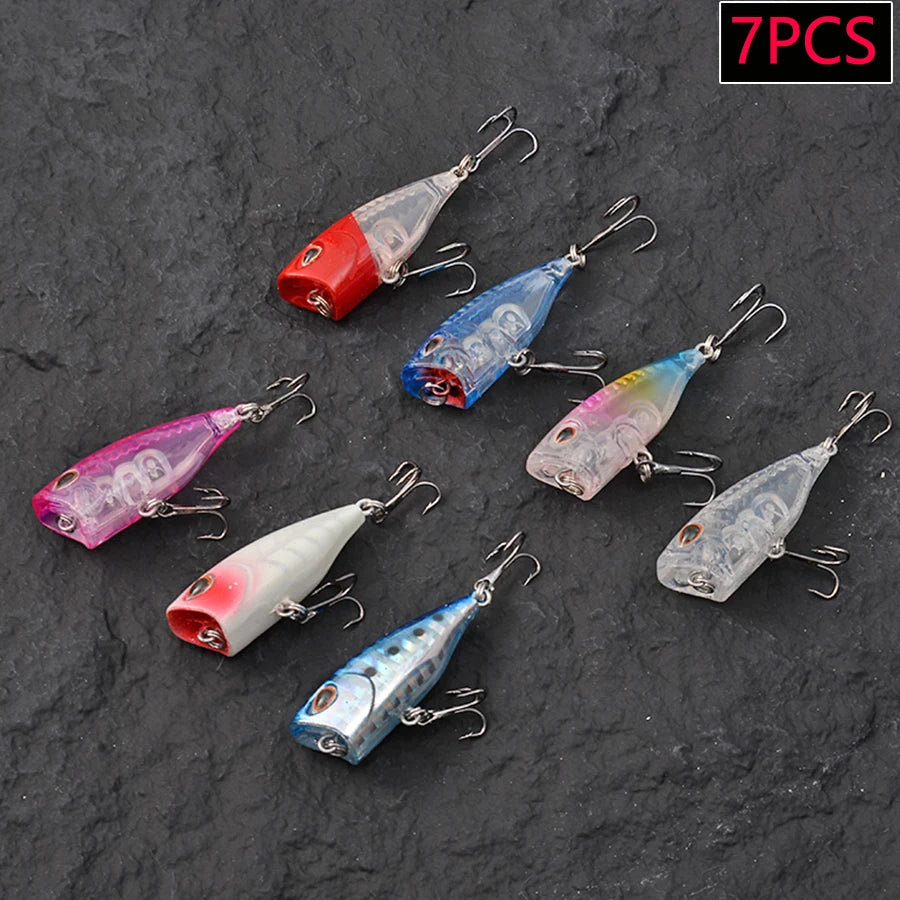 Ensemble de 7 leurres de pêche Mini Popper Crankbaits, yeux 3D, appâts durs, kit de leurres artificiels, wobblers pour la pêche à la traîne, brochet, surface de l'eau, swimbaits