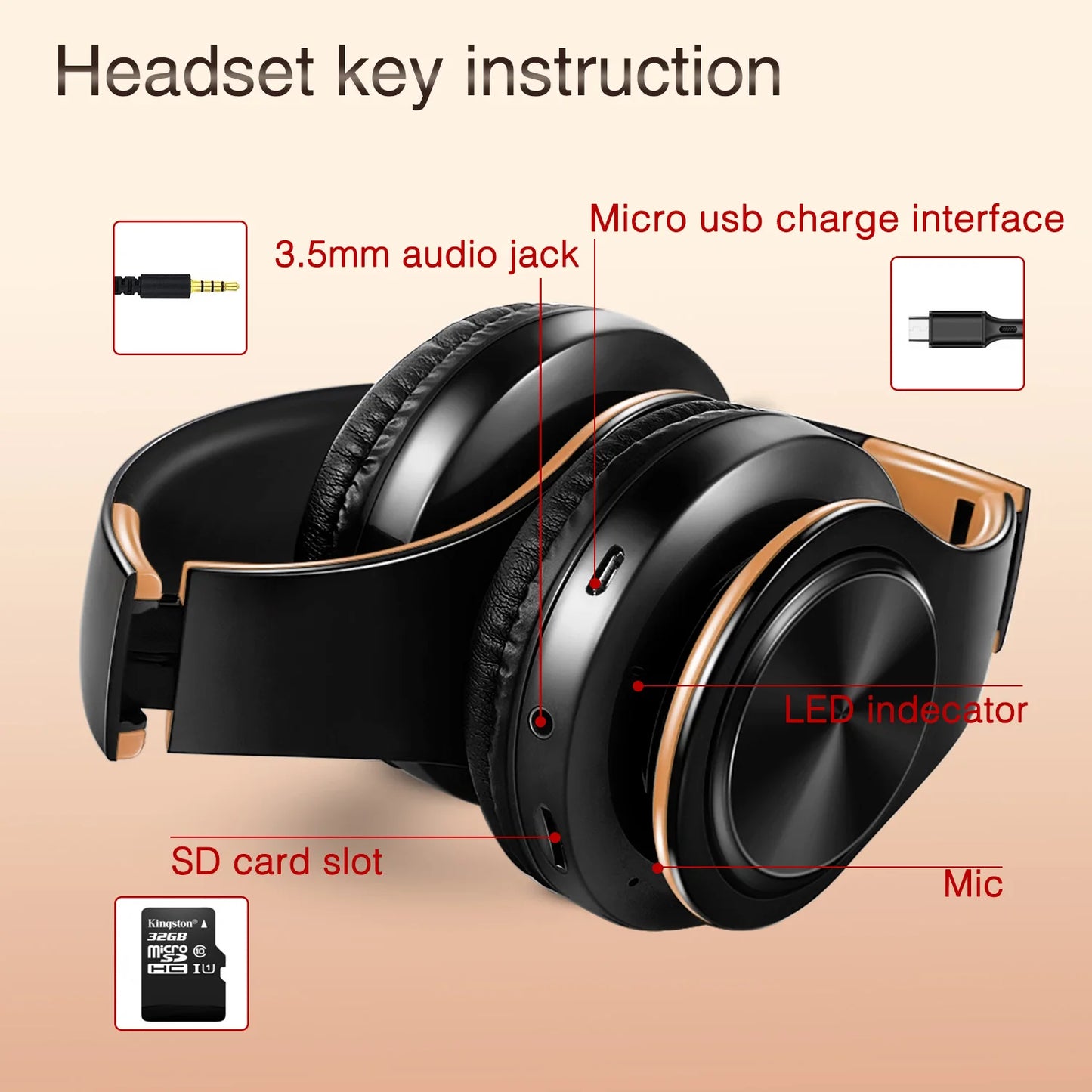 Casque sans fil Bluetooth pour hommes — cadeau doré, stéréo, jeu, micro intégré, universel smartphones