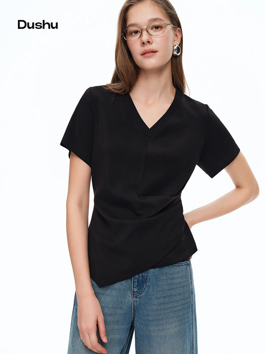 T-shirt femme asymétrique plissé — taille définie, printemps 2026, col en V, manches courtes