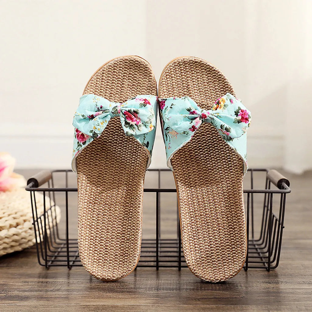 Women's Linen Flip-Flops with Bowknot, Beach Shoes, Slippers