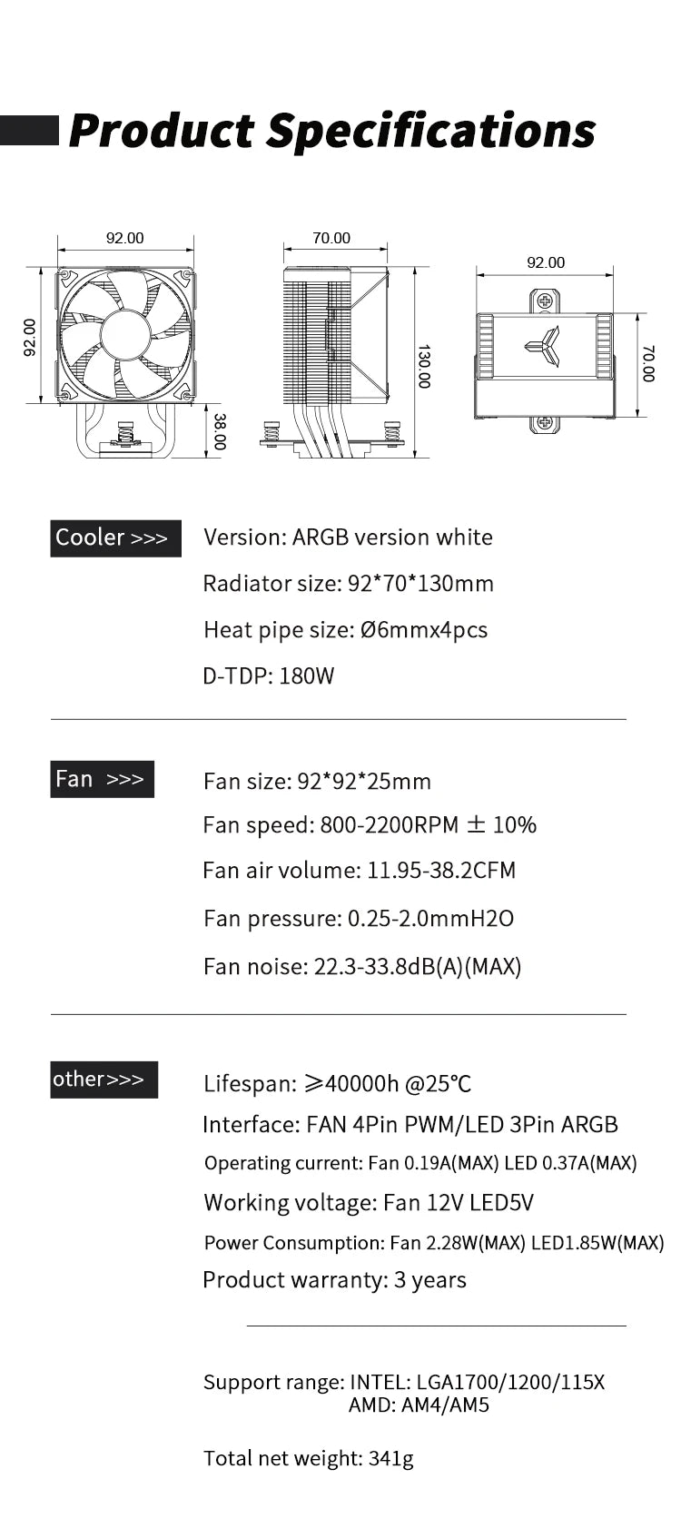 JONSBO CR1400 EVO refroidisseur de processeur 4 HeatPipes ARGB PWM processeur radiateur d'air ventilateur silencieux pour LGA1700 1200 1151 1150 AM4 AM5