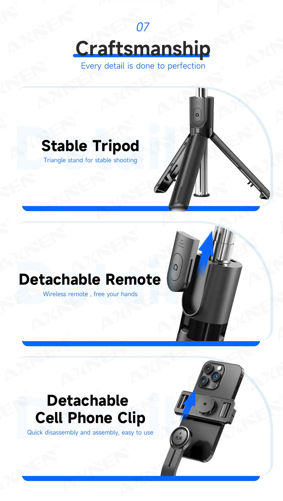 Trépied perche à selfie Bluetooth — support bureau, téléphone, obturateur télécommande sans fil, lumière de remplissage