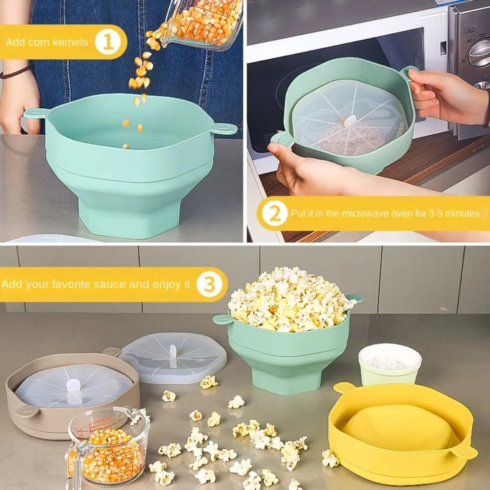 Bol à popcorn en silicone pour micro-ondes, pliable avec couvercle, seau à popcorn DIY, passe au lave-vaisselle, pour la maison, outil de cuisson pour regarder des films
