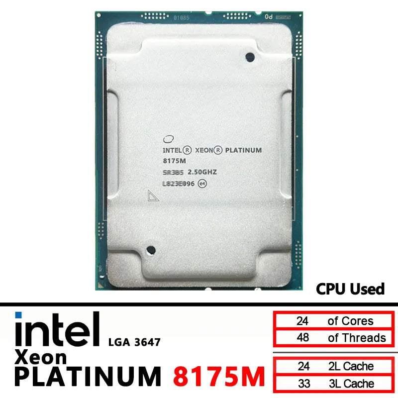 Processeur Intel Xeon Platinum 8175M 2.50GHz, 33 mo de Cache intelligent, 24 cœurs, 48 threads, 240W, LGA3647