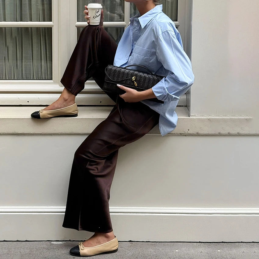 Pantalon ample en crêpe rose pour femme — rue chic, plissé, vintage, taille haute, 2025