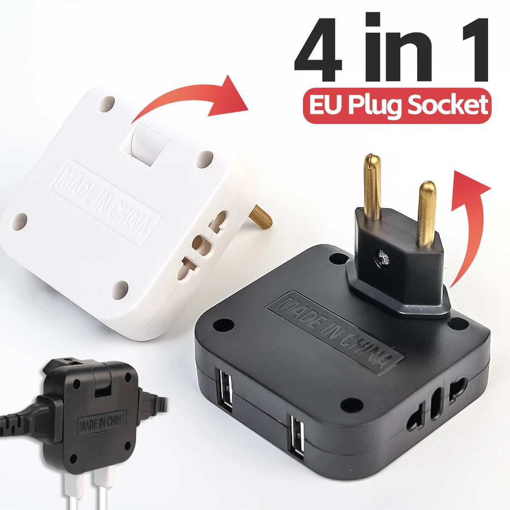 Convertidor de enchufe de la UE 4 en 1 de 180° Enchufe giratorio para carga de teléfono móvil, 2 USB y 2 tomas de corriente CA universales, adaptador de corriente