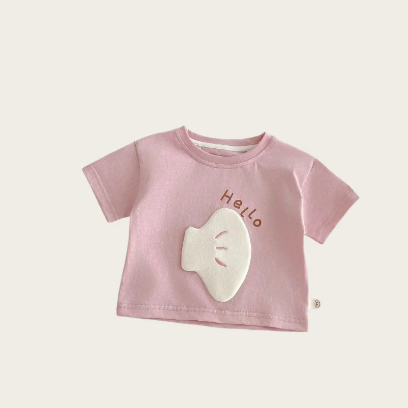 Nouvelle collection été 2026 : T-shirt décontracté à manches courtes pour enfants (0-5 ans) avec patchs de dessins animés mignons et imprimé lettres – Doux et confortable pour filles et garçons