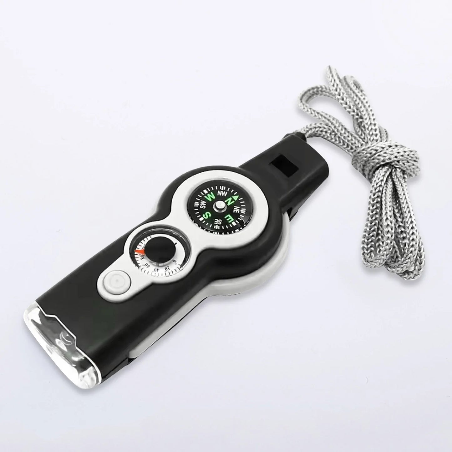 Sifflet de survie 7 en 1 avec lumière LED, indicateur de direction et thermomètre, kits d'urgence portables pour l'extérieur, pour la randonnée et le camping