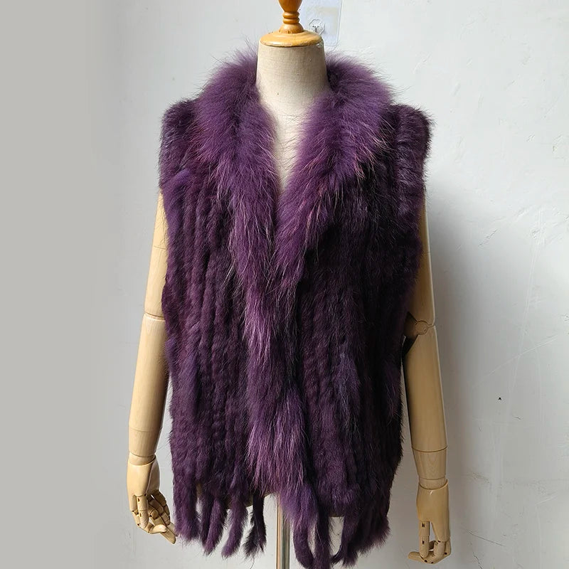 Chaleco de punto de piel de conejo natural auténtica con pompón, chaleco cálido sin mangas para mujer, con ribete de piel de mapache auténtica