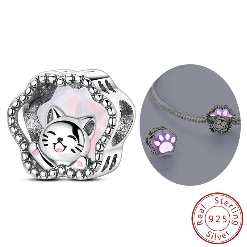 Abalorios de plata de ley 925 con huellas de perro, gato, corazón, animales, abalorios que se ajustan a pulseras, collares, colgantes, joyas para mujer, para hacer tú mismo