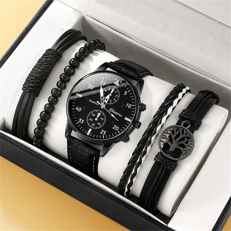 New Men Luxury Watch Bracelet Set Business Fashion Brown Leather Quartz Watches for Men Gift Relogio Masculino
