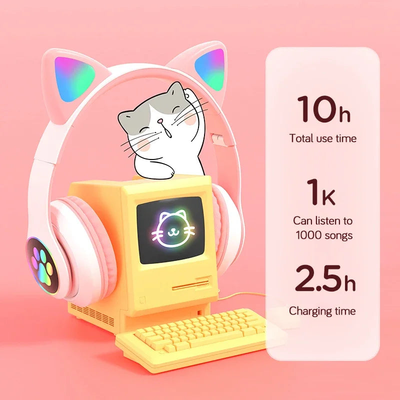 Lampe Flash oreilles de chat mignonnes, casque d'écoute stéréo bluetooth 5.0 avec Support de micro, carte TF, sans fil, pour enfants filles, cadeau d'anniversaire