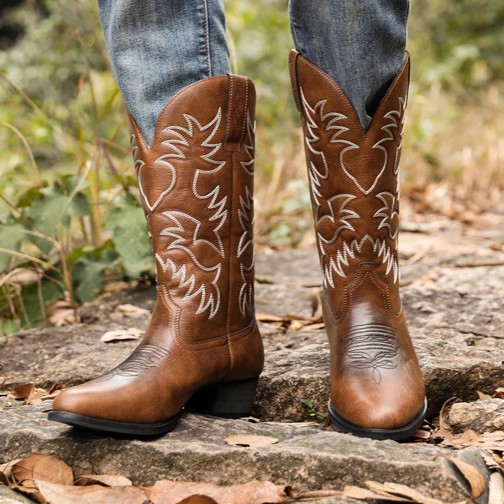 Mioeert Men's Heritage Round Toe Wooden Heel Embroidered Western Cowboy Boots Zapatillas Hombre Luxury Men's Shoes