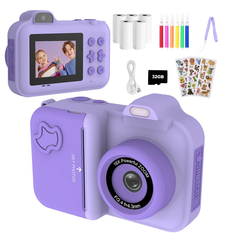 Kids Digital Camera, Instant Print, Dual Lens, 1080P HD Video Recording, 32G, for Boys and Girls, Christmas Gifts, Toys