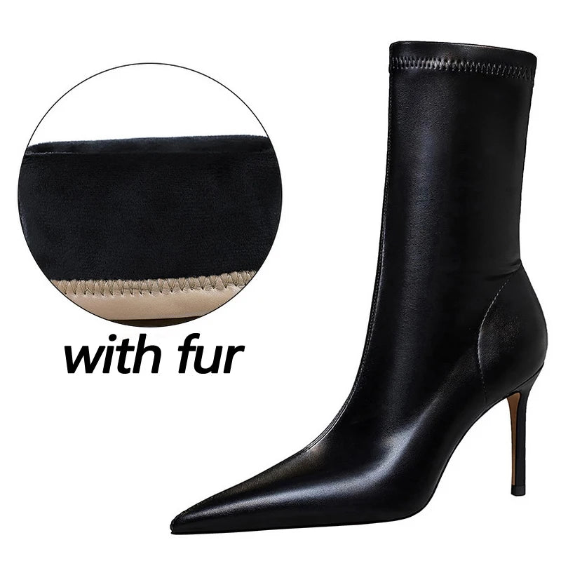 BIGTREE Women's High Heel Leather Boots, Short Ankle Boots, Rinse Shoes, Autumn and Winter