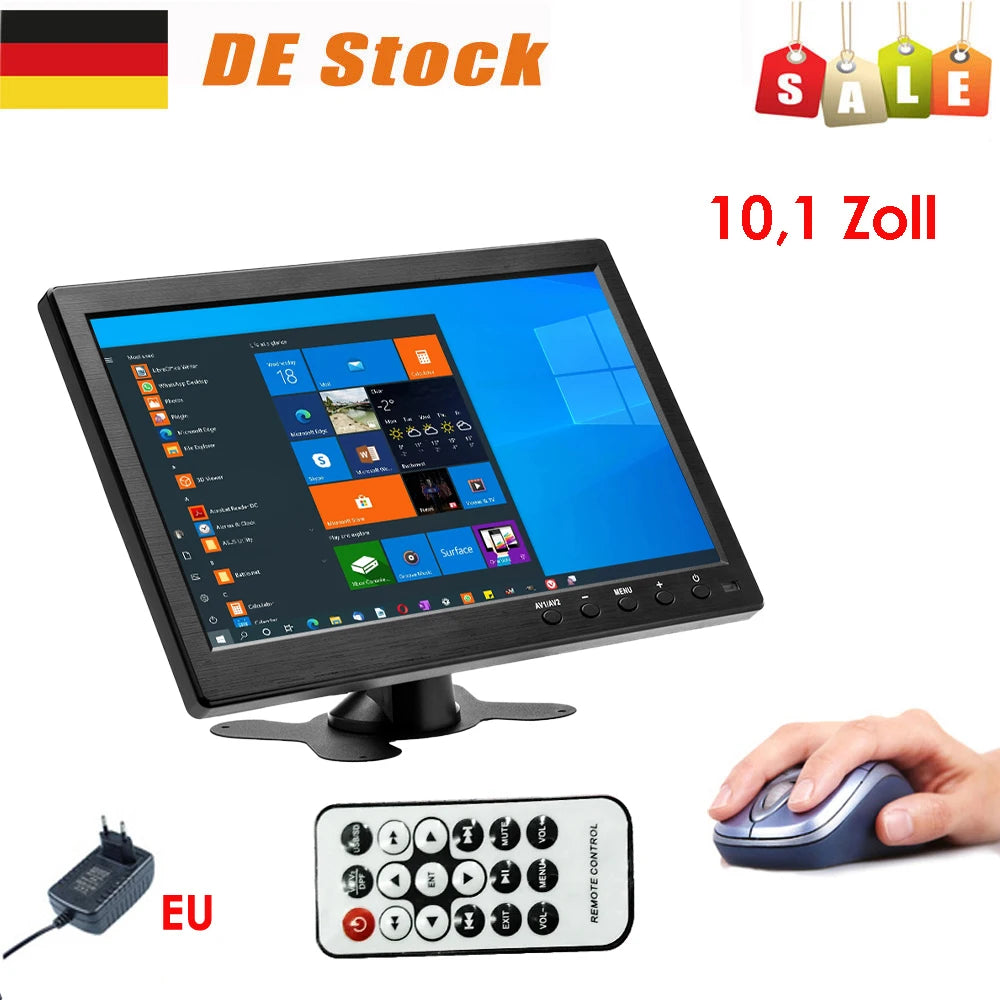 Podofo Monitor de coche LCD HD de 10.1" 1024*600, mini TV, monitor LCD de pantalla digital con HDMI/VGA/AV/USB/SD/TV/reproductor de DVD para vigilancia