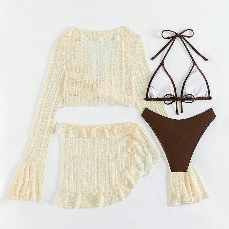 Maillot de bain sexy quatre pièces pour femme 2026, ensemble bikini uni à manches longues avec paréo, tenue de plage brésilienne pour l'été et les fêtes