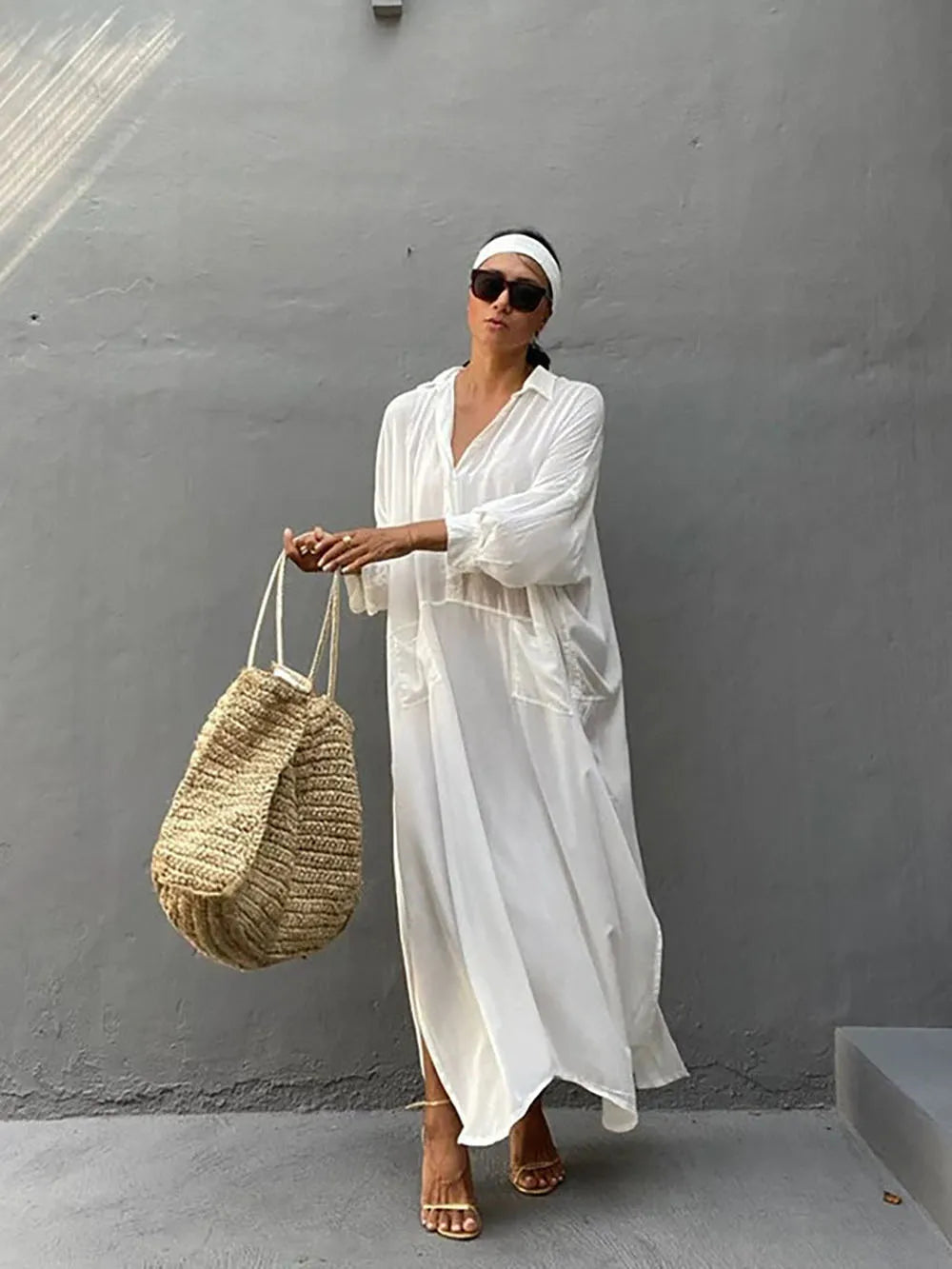 Túnica de playa tipo pareo para mujer 2026, de algodón blanco liso, cuello alto, conjunto de playa